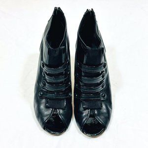 Ann Taylor Military Open Toe Bootie with Patent Leather details and back zip